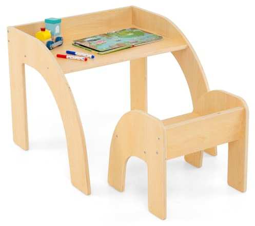 RELAX4LIFE Set Tavolo e Sedia per Bambini, Set di Mobili per Bambini dai 3 Anni in su, Design Salvaspazio, Set Tavolo e Sedia con Ampio Piano del Tavolo, Mobili per Camera da Letto (Naturale)