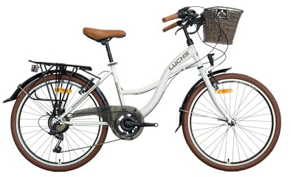 LUCHS 24 26 28 Zoll Feline Citybike mit Rattankorb – Hollandrad 21 Gang, Kinderfahrrad, Mädchenfahrrad & Damenfahrrad (28 Zoll (21Gang), Ekru (Weiß))