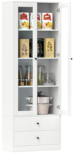 HOMCOM Meuble de Rangement Buffet Salon avec Placard à Portes vitrées, étagères réglables et 2 tiroirs, Armoire de Rangement pour Salon, Cuisine, Chambre, 59 x 30 x 164 cm, Blanc