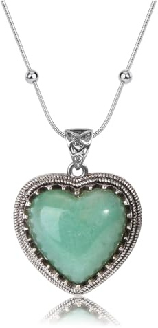 Jovivi Green Aventurine Heart Necklace for Women,Healing Crystal Gemstone Heart Pendant Womens Ladies Vintage Silver Necklace Jewellery Gifts for Women Mum Birthday