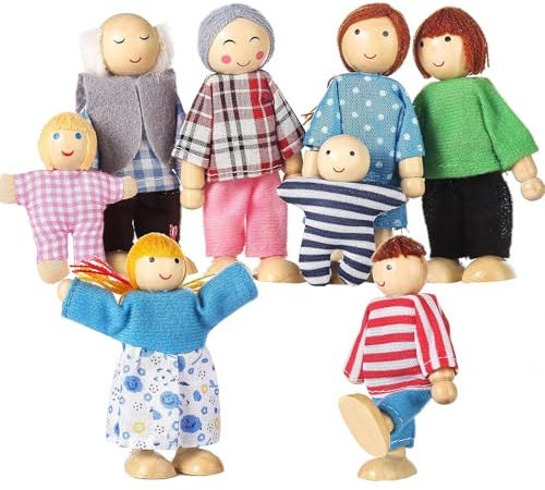 Comebachome Casa delle bambole con 8 figure di famiglia Bambole in legno posizionabili Simpatiche case delle con figure di persone Set per ragazze, ragazzi, bambini, accessori per casa