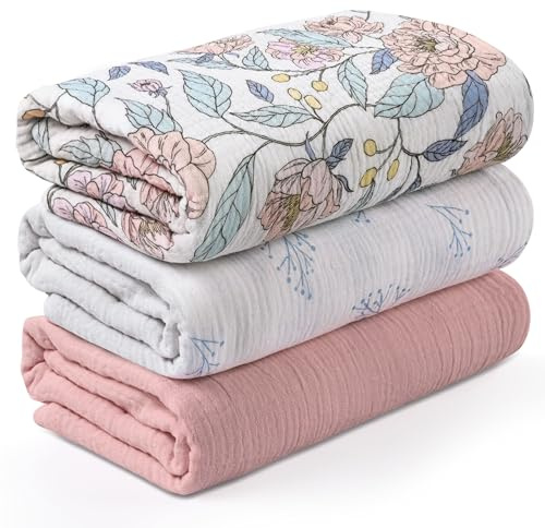 Soarwg Kids Set di 3 panni in molton, con motivo floreale, 95 x 100 cm, morbidi e ariosi per neonati