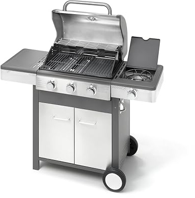 Barbecue a Gas Professionale da Giardino in Acciaio Inox con Fornello Laterale, Termometro, Griglia Ghisa Smaltata, Carrello con Armadietto (3 bruciatori (P 58 x L 126 cm x H115,5 cm))
