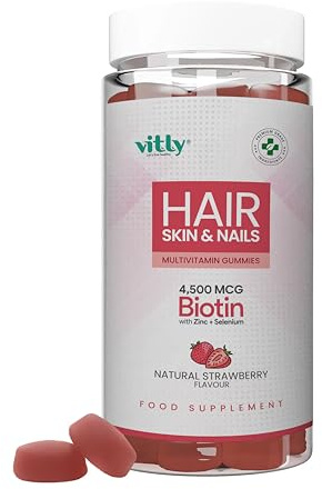 Hair Skin & Nails Multivitamin Gummies with Biotin, Zinc & Selenium – Strawberry Flavour – 60 Vegan Gummies (30 Day Supply)