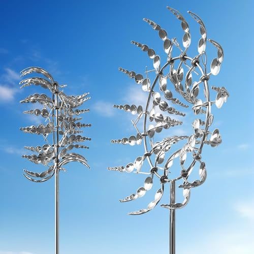 Girandola a Vento Metallo, SGZIOO Mulino a Vento Magico e Unico, Inossidabile, 3D Scultura Cinetica per la Decorazione del Giardino del Prato del Patio, Argento