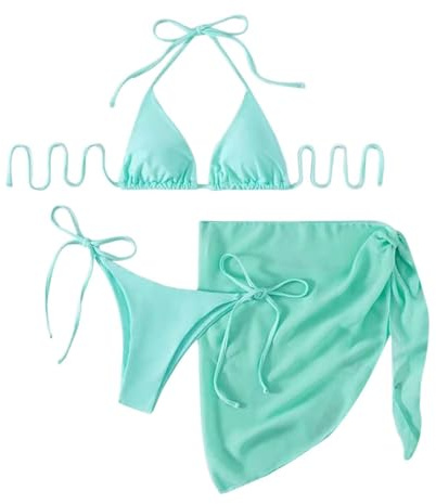 Ensemble de 3 pièces avec haut de bikini triangle uni à nouer pour femme