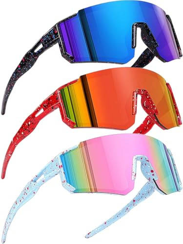 Lot de 3 Lunettes de Soleil Enfant Sport, Lunette Velo UV400 Pour Garçons et Filles, Lunette de Vitesse Ultra-Légères pour Cyclisme, Course à Pied, VTT et Activités de Plein Air (Bleu+Orange+Rose)