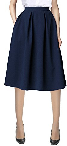 Urban CoCo Women's Flared A line Pocket Skirt High Waist Pleated Midi Skirt (as1, Alpha, s, Regular, Regular, Navy Blue)