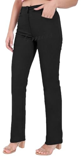 femiss Straight Fit Trouser for Women's High Waist Stretch Comfy Ladies Office Work Pants Girls Teens School Straight Leg Everyday Trousers with Pockets (SQ-BLACK-10)