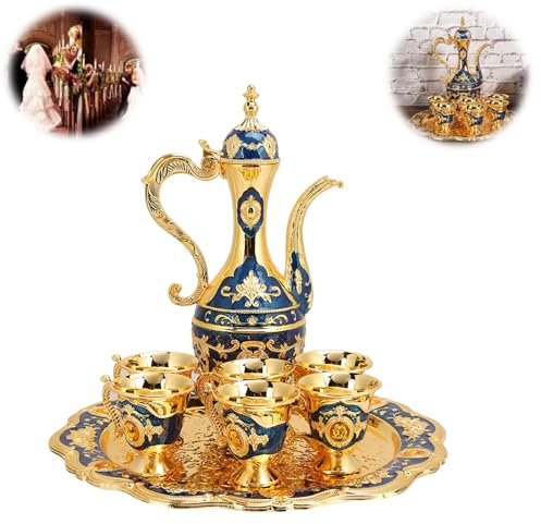Vintage Türkische Kaffeekanne Set, Vintage Türkische Kaffeekanne mit 6 Kaffeetassen, Türkische Kupfer Kaffeetasse Set, Vintage China Kaffee Set(Blue)