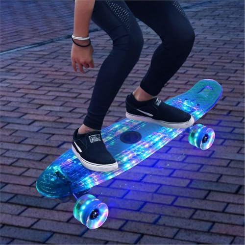 HONGXING 22 Inch Skateboard for Kids 6-8,Led Light Up Cruiser Skateboards Complete for Ages 4-5-10-12 Boys Girls Beginners Teens Youths,Mini Kids Skateboard Small Penny Board Flash Clear Blue