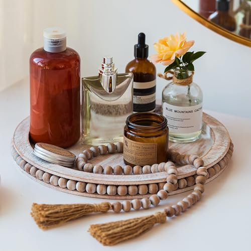 Inweder Holztablett Rund Tablett Deko - Distressed Weiße Kerzenhalter Stumpenkerzen 30cm Rundes Kerzenteller Rustikale Dekorative Tabletts für Tafelaufsätze Bauernhof Home Decor