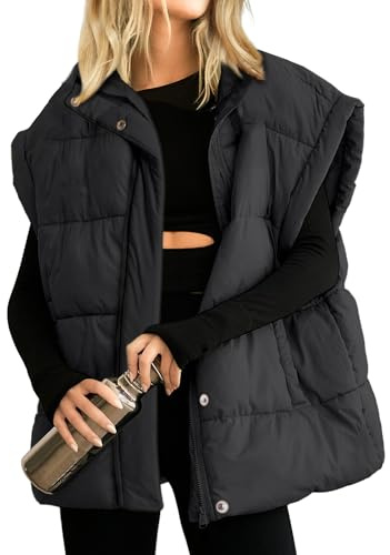 Songling Womens Oversized Puffer Vest Stand Collar Full Zip Sleeveless Bubble Puffer Vest Quilted Padded Warm Coat Outwear (Black,XS)
