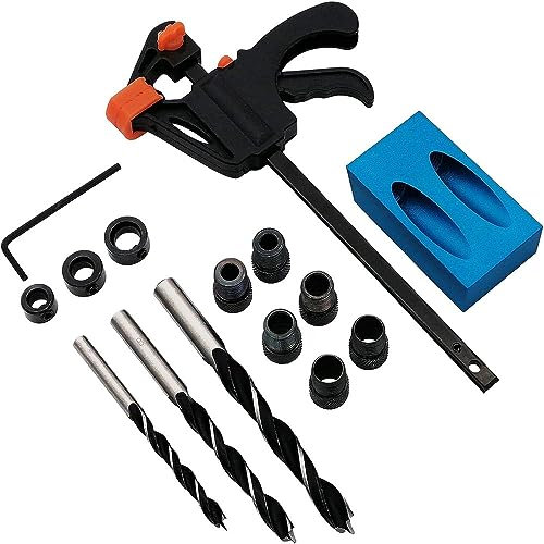 Shallho 15 Pcs Pocket Hole Jig Kit 15 Grad Holzarbeiten Führungen Gelenkwinkel Werkzeug Tischlerei Locator Mit Loch Befestigung 6/8/10mm Bohrer Dowel Schraube Bohrer Jig Tischlerei Kit Tischler