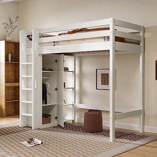 Idemon Cama para niños con armario y 6 estantes, superficie para dormir individual, 90 x 200 cm, 208 x 110 x 186 cm (ancho x fondo x alto), color blanco