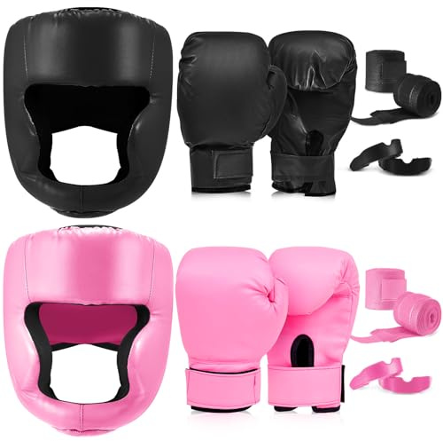 Kanayu 14 Pcs Boxing Gloves and Headgear Set for Beginners Youth 16 Ounce Boxing Gloves Headgear Helmet Hand Wraps Mouth Guards Equipment for Beginners Training Equipment Gifts(Black, Pink)