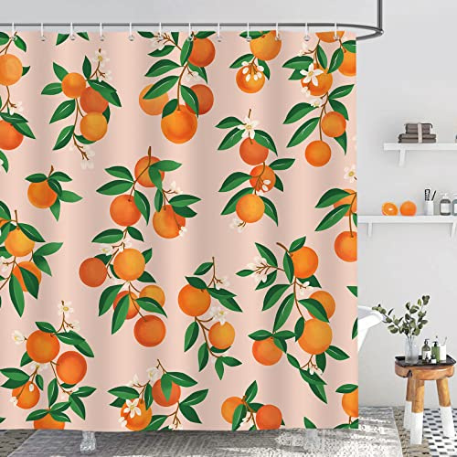 Bonhause Orange duschdraperi 180 x 200 cm frukt citrus gröna blad badrumsdraperi vattentätt mögel- och mögelbeständigt polyestertyg duschdraperi med 12 krokar