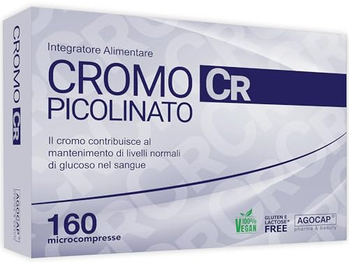 Cromo Picolinato - Glicemia Integratore, 200mcg. Cromo, 160 cpr contribuisce al mantenimento di livelli normali di glucosio nel sangue. Integratori per la Glicemia, Agocap Pharma