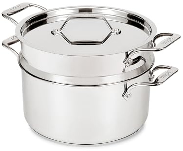 All-Clad Simply Strain Stainless Steel Stockpot, Multipot with Insert & Lid, 8 Quart, Induction, Oven Broiler Safe 600F, Strainer, Pasta Strainer with Handle, Steamer Pot, Pots and Pans Silver