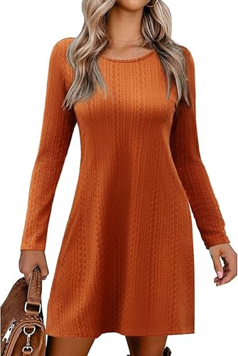 Zeagoo Vestido de Punto Elegante para Mujer - Suéter de Manga Larga con Cuello Redondo - Jersey Casual Elástico de Invierno, Color Caramelo, Talla L