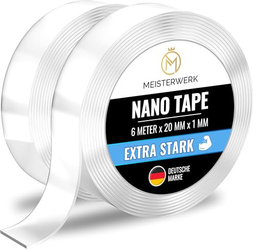 MEISTERWERK - Doppelseitiges Nano-Klebeband [EXTRA STARK] - Klebstofffrei & Spurlos dank Gecko-Effekt I Rutschfest - Waschbar & Wiederverwendbar