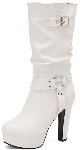 Renessmi Tacco a Blocco Largo Calf Donna Stivali con Imbracatura Plateau Punta Rotonda Senza Chiusura Fibbia Slouch Stivali a Metà Polpaccio Footwear Bianco Numero 36 EU