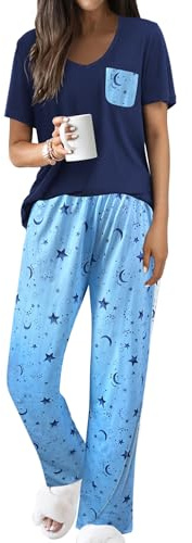 Famulily Women's Pyjama Sets Two Piece Summer Outfits V-Neck Loungewear Tops and Loose Fit Wide Leg Printed Trousers with Pockets S-XXL
