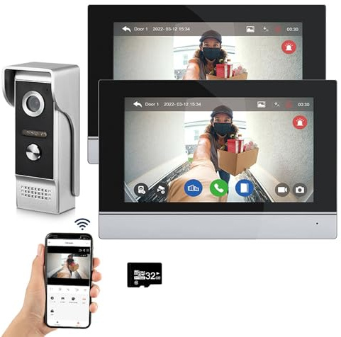 Sistema de intercomunicación de vídeo por cable Tuya WiFi 7 pulgadas de pantalla táctil 1080P timbre de la puerta inteligente Tuya APP Intercom Kit 2 desbloqueo de la puerta (1 Timbre+2 Monitor)