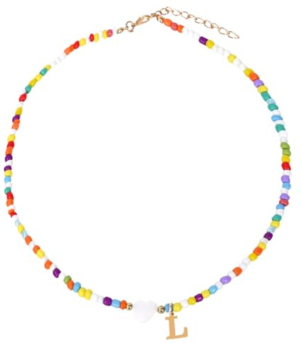CENCERY Collares con iniciales de cuentas para niñas, coloridos collares con inicial y concha en forma de corazón, personalizados, para cumpleaños de niñas. (L)