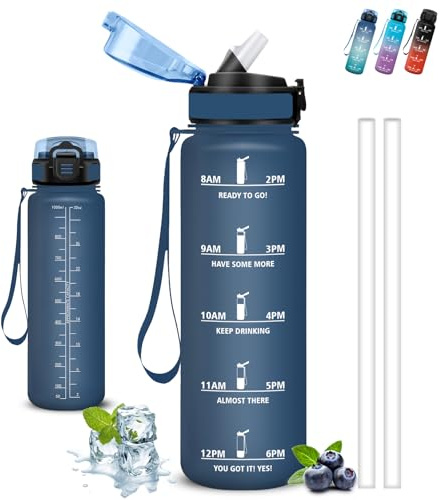 Borraccia 1 litro, Borraccia con Cannuccia, Senza Perdite, Borraccie Palestra, Facile da Pulire, Borraccie Motivazionale, Borracce con Chiusura di Sicurezza, per Fitness, Campeggio, Yoga, Viaggio