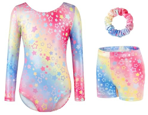 Gymnastics Leotards for Girls - Three-Piece Set with Sparkling Gradient Design, Long Sleeve Leotard, Shorts & Hairband for Ballet & Dance (Rainbow, Tag 6A(5-6 Years))