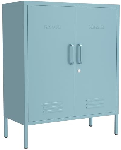 Aiasuit Wide Multipurpose Metal Storage Cabinet with Lockable Design & 2 Adjustable Partitions, Thickened Steel & Sturdy Construction for Home, Living Room & Office Blue 33 H X 29.5 W X 13.8 D