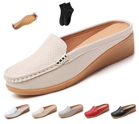 Zapatos planos de piel para mujer, cómodos, transpirables, con puntera cerrada, con cuña, sin espalda, de ajuste ancho, zuecos suaves de piel auténtica, beige, 43 EU