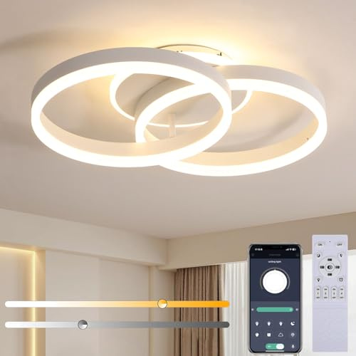 Dimbar LED-taklampa med fjärrkontroll och app, 36W 50cm modern taklampa med dubbel ringdesign, minnesfunktion och nattlampa, LED-lampa för vardagsrum, sovrum, kök, hall, kontor, Vit