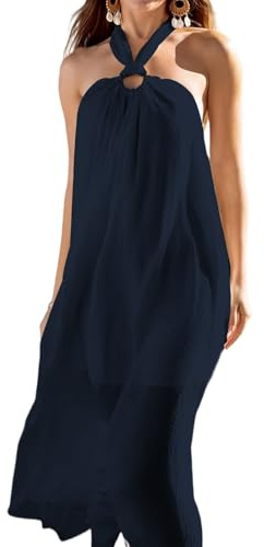 Rayson Copricostume Donna Mare Lungo Halter Curvy Abito da Spiaggia Estivo in Lino Casual Vestito Mare Elegante Senza Maniche Lunghezza Maxi (Blu Navy, Taglia Unica)