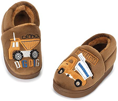 LACOFIA Toddler Boys Winter Slippers Kids Novelty Warm Plush Indoor Slipper Shoes Brown 6/6.5