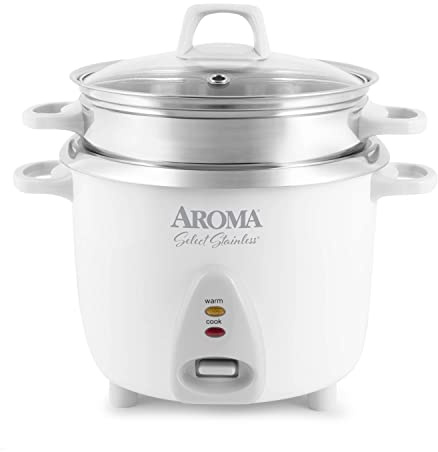 Aroma Housewares 14-Cup (Cooked) / 3Qt. Select Stainless Pot-Style Rice Cooker, & Food Steamer, One-Touch Operation, Automatic Keep Warm Mode, White (ARC-757-1SG)