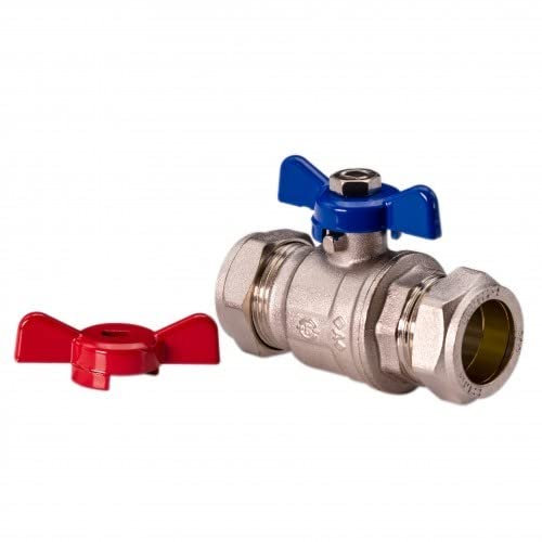 UKDD® 22mm Heavy Duty Full BORE Butterfly Ball Valve Thumb Turn Handle Compression Isolation Valve with RED & Blue Handle WRAS Approved