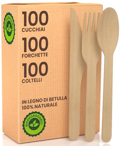Baciato Caffè - Ensemble de Couverts en Bois Jetables | 300 Pièces (100 Fourchettes, 100 Cuillères, 100 Couteaux) | Biodégradable Compostable | Idéal pour Les fêtes, Pique-niques et Événements