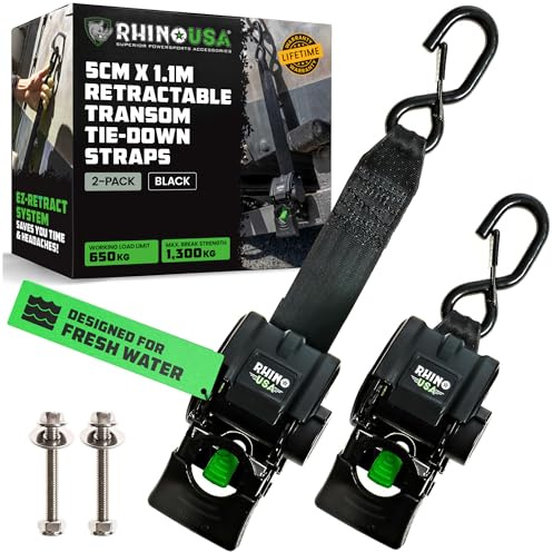 Rhino USA Retractable Boat Trailer Tie Down Straps 2PK – Durable (2in x 43in) Trailer Mount Transom Straps for Boat, Jet Ski – Powder Coated Black Steel – Fresh Water Compatible