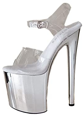 denova's Sandales à talons hauts transparents pour femme - Grande taille - Plateforme - Avec sangle de cheville, Argenté/transparent, 42 EU