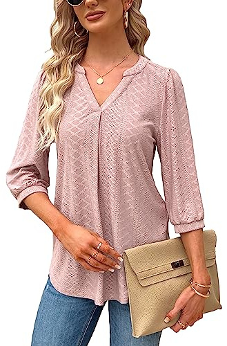 Tongmingyun Blusa elegante para mujer, cuello en V, manga 3/4, camiseta informal, camiseta informal, camiseta lisa para verano, Rosa., L