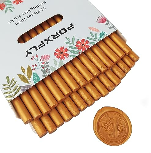 30 Pieces 7mm Sealing Wax Sticks for Glue Gun,PORXFLY Mini Wax Seal Sticks Great for Cards Envelopes,Wedding Invitations,Gift Wrapping,Wine Packages (Glod 2)