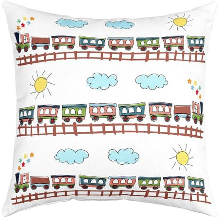 Zug Kissenbezug 50x50 Einzelpack, Nette Regenbogen Autos Kinder Auto Liebhaber Kissenbezug für Patio Balkon, Blaue Wolke Gelbe Sonne Kissenbezug Kissenbezug für Kinder Erwachsene