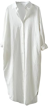 Robe chemise boutonnée en coton pour femme - Col en V - Manches longues - Solide - Haut asymétrique - Chemise surdimensionnée - Coupe ample, 01-robe chemise blanche, S
