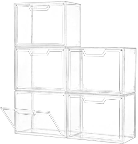 Freebat Stackable Storage Organizers Clear Acrylic Display Case, 5-Pack Acrylic Boxes with Lids, Clear Storage Containers Storage for Handbags, Collectibles & Figures