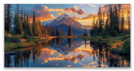 JOSUE Bilder Landschaft Leinwand Bergsee Bilder Aesthetic Leinwand,Gold, Grün Wandbild Wandbild Wald Wandbilder Wohnzimmer Xxl-70x140cm Ungerahmt