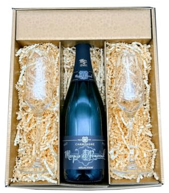 Coffret Or : Marquis de Pomereuil – Champagne – 1 Brut et 2 Flûtes « carr頻 – (1x75cl)