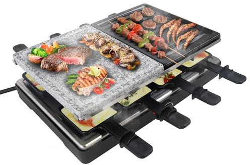FIVMEN Raclette Grill per 8 persone, 1400 W, con 2 piastre in granito e 2 piastre antiaderenti, regolabile, moderno, acciaio inossidabile