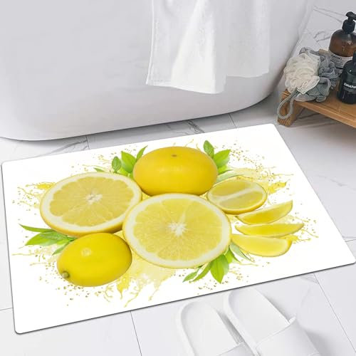 EMFSLA rutschfest Badezimmer Badeteppiche,Weich Hochflor Saugfähig Badvorleger Waschbar Flauschige Mikrofaser Badematte,gelbe Zitrone auf weißem Hintergrund,60x90 cm